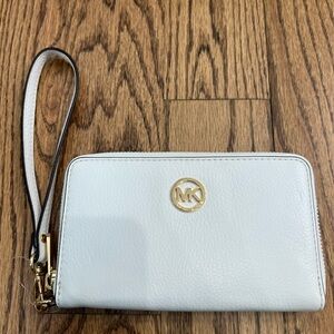 Michael Kors White Wristlet with Gold Emblem
